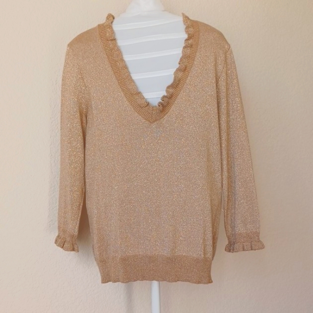Chaps Classics Gold Metallic Pullover Sweater Ruffled V-Neck, Womens Size Medium